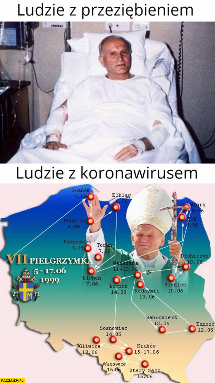 Papież Jan Paweł II ludzie z przeziębieniem w łóżku vs ludzie z koronawirusem pielgrzymka