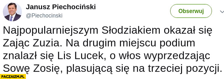 Piechociński najpopularniejszym Słodziakiem okazał się Zając Zuzia na drugim Lis Lucek wyprzedzając Sowę Zosię tweet na twitterze