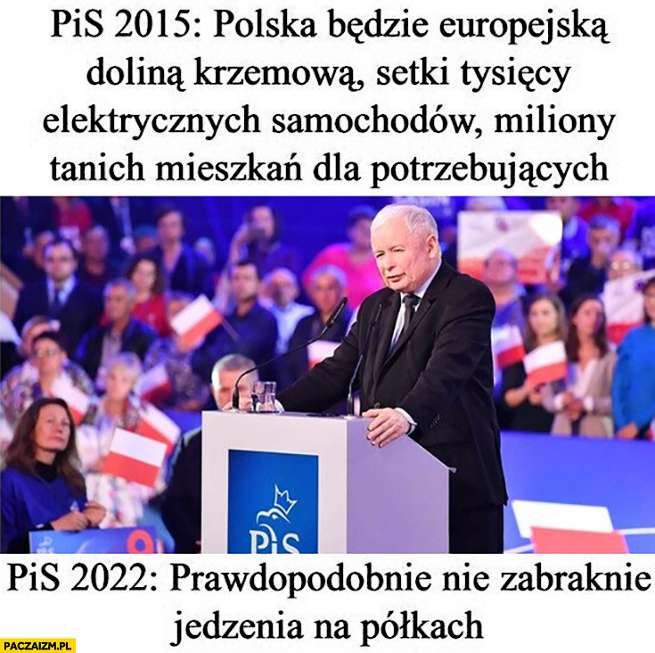 PiS 2015: Polska będzie doliną krzemową, milion samochodów elektrycznych i tanich mieszkań, PiS 2022: prawdopodobnie nie zabraknie jedzenia na półkach