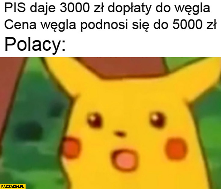 PiS daje 3000 zł dopłaty do węgla, cena węgla podnosi się do 5000 zł, Polacy zdziwiony Pikachu
