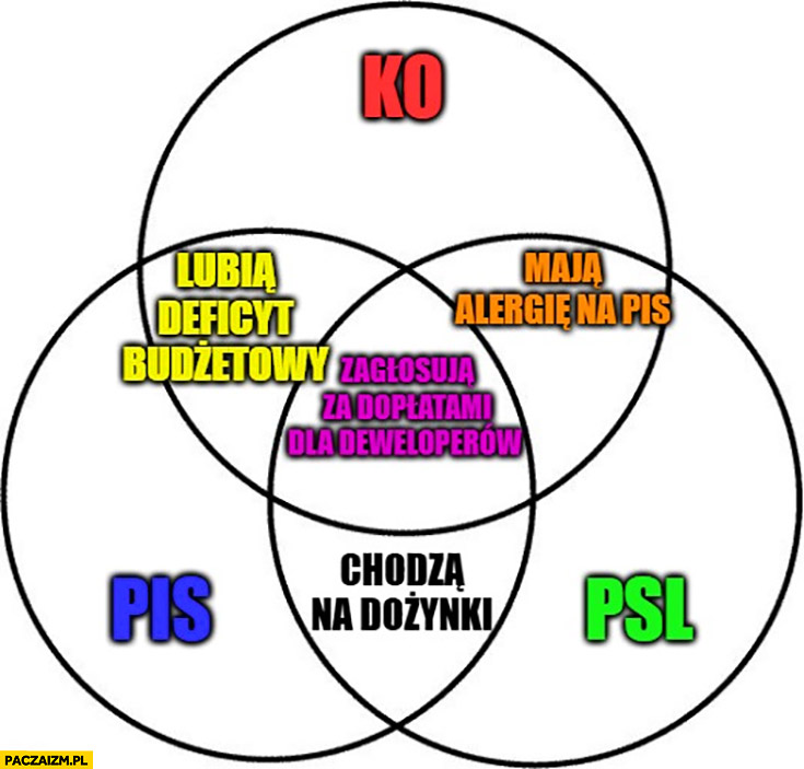 PiS KO PSL części wspólne: lubią deficyt, chodzą na dożynki, mają alergie na PiS, zagłosują za dopłatami dla deweloperów