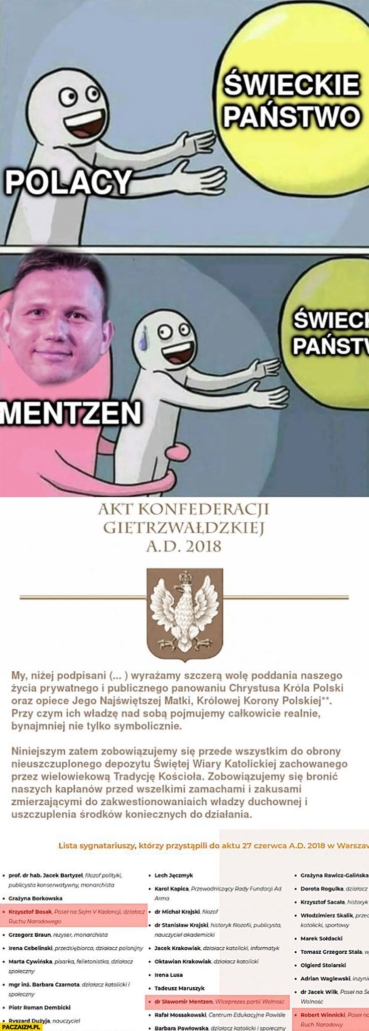 Polacy chcą świeckie państwo, Mentzen nie pozwala podpisał konfederacje gietrzwaldzka