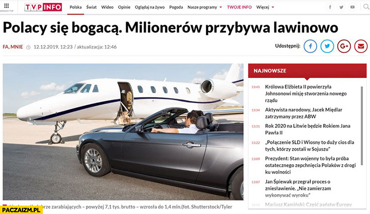 Polacy się bogacą milionerów przybywa lawinowo TVP info samolot prywatny odrzutowiec kabriolet BMW