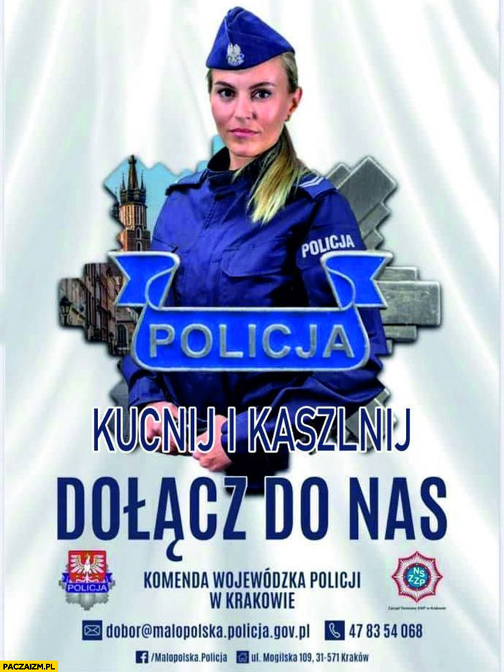 Policja policjantka kucnij i kaszlnij dołącz do nas plakat rekrutacja