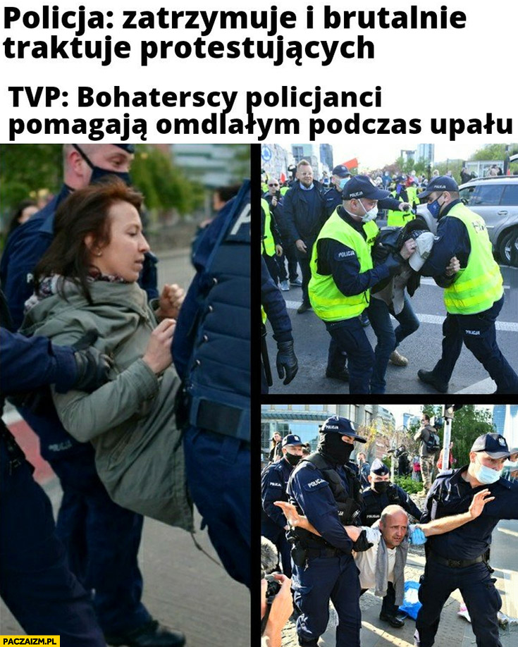 Policja zatrzymuje i brutalnie traktuje protestujących. TVP: bohaterscy policjanci pomagają omdlałym podczas upału