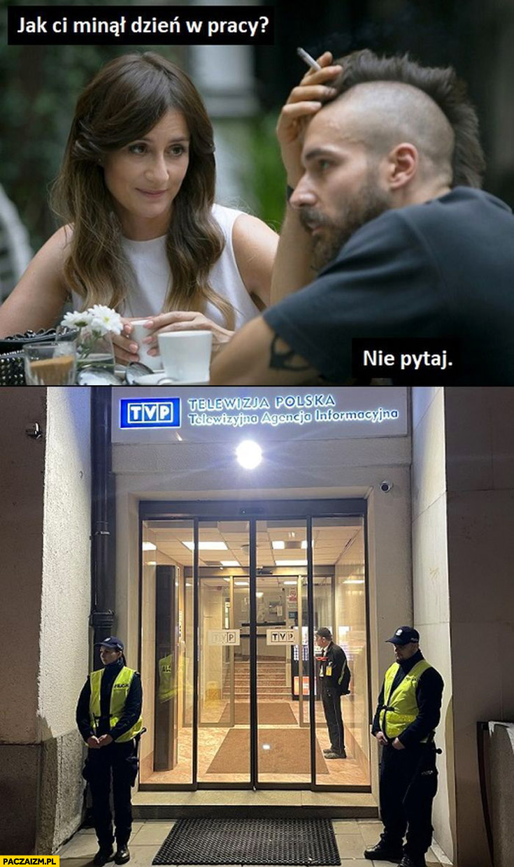 Policjant jak ci minął dzień w pracy? Nie pytaj bronił wejścia do siedziby TVP telewizji polskiej