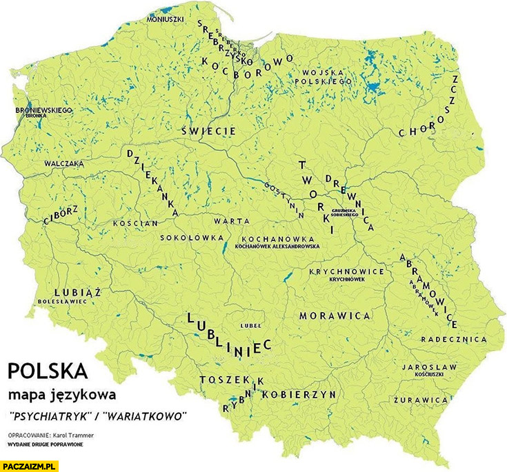 Polska mapa językowa określenia na psychiatryk wariatkowo