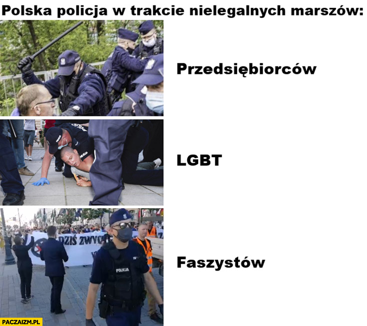 Polska policja w trakcie nielegalnych marszów przedsiębiorców LGBT faszystów porównanie
