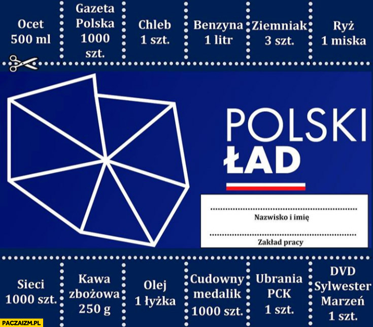 Polski ład kartka: ocet, chleb, benzyna, ziemniak, ryż, olej wszystko na kartki