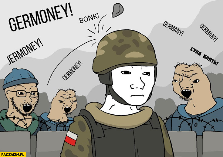 Polski żołnierz straż graniczna na granicy z Białorusią mem rysunek germoney imigranci uchodźcy