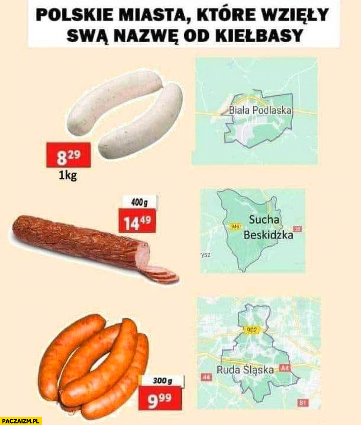 Polskie miasta które wzięły swoją nazwę od kiełbasy Biała Podlaska, Sucha Beskidzka, Ruda Śląska