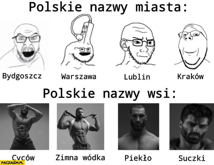 Polskie nazwy miast: Bydgoszcz Warszawa Lublin Kraków vs polskie nazwy wsi Cyców, Zimna Wódka, Piekło, Suczki