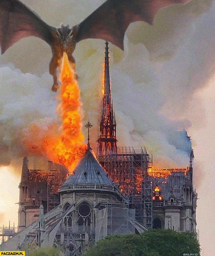 Pożar Notre Dame smok zionie ogniem przeróbka photoshop