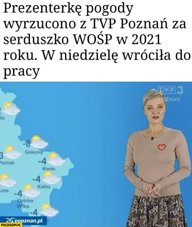 Prezenterkę pogody wyrzucono z TVP Poznań za serduszko WOŚP w 2021 roku w niedzielę wróciła do pracy