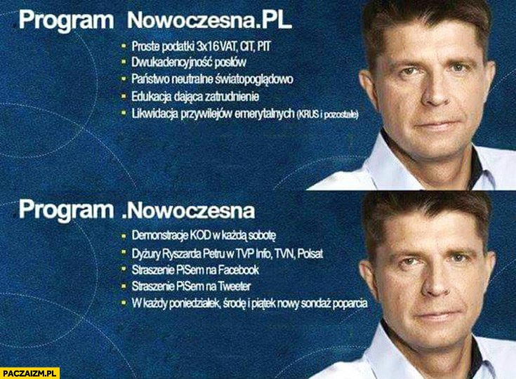 Program Nowoczesna PL: demonstracje KOD w każdą sobotę, dyżury Petru w TVP TVN Polsat, straszenie PiSem na facebooku twitterze, sondaże poparcia
