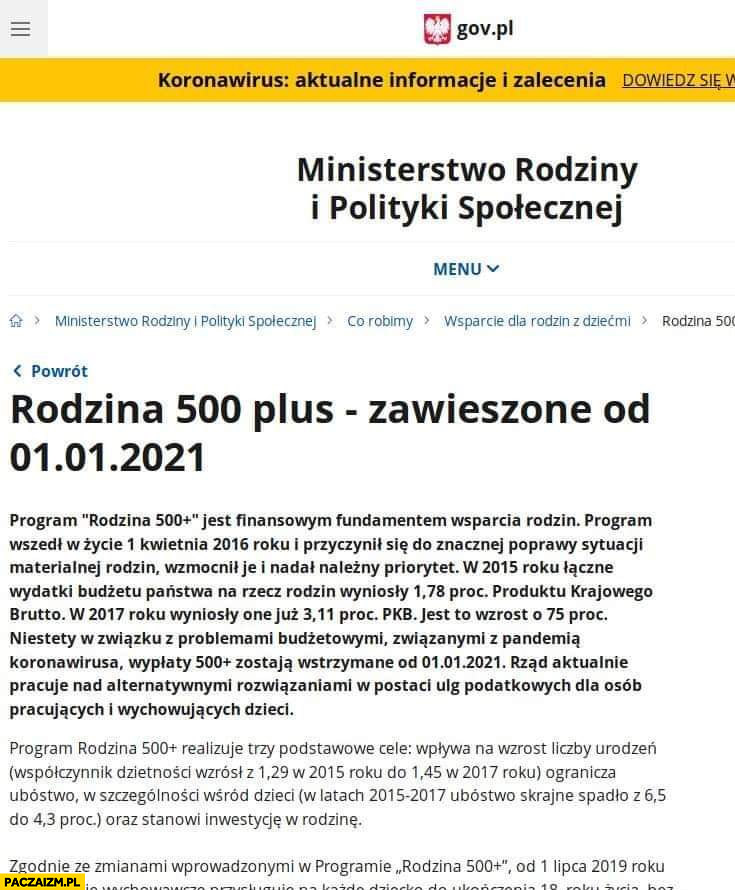 Program Rodzina 500+ plus zawieszone od 1 stycznia 2021 ogłoszenie na stronie gov.pl