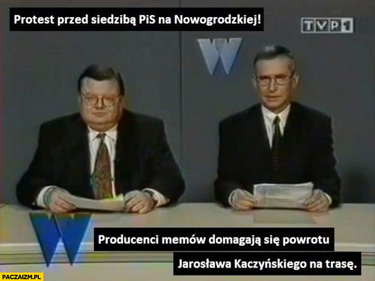 Protest przed siedziba PiS producenci memów domagają się powrotu Jarosława Kaczyńskiego na trasę