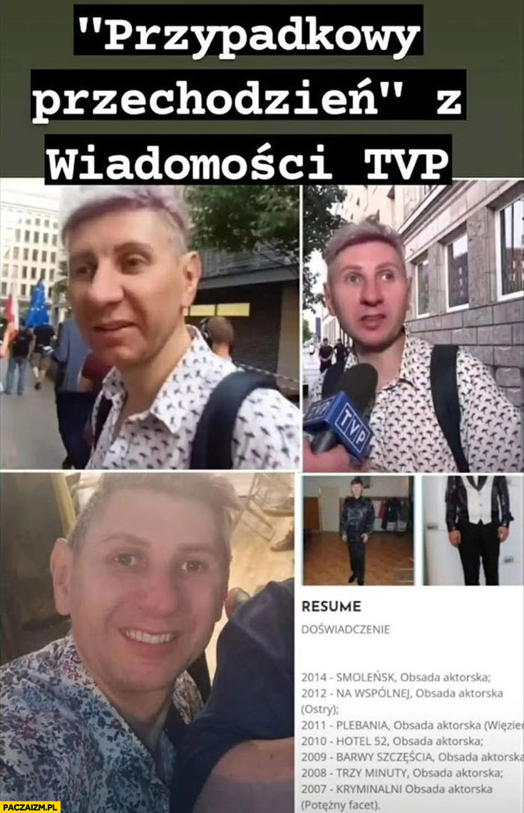 Przypadkowy przechodzień z Wiadomości TVP aktor amator ze Smoleńska