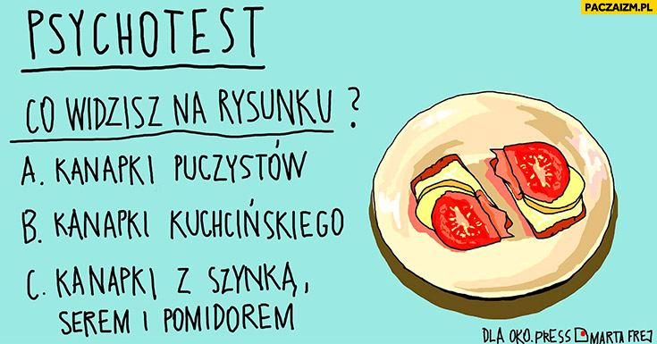 Psychotest: co widzisz na rysunku? A. kanapki puczystów, B. kanapki Kuchcińskiego, C. kanapki z szynką, serem i pomidorem