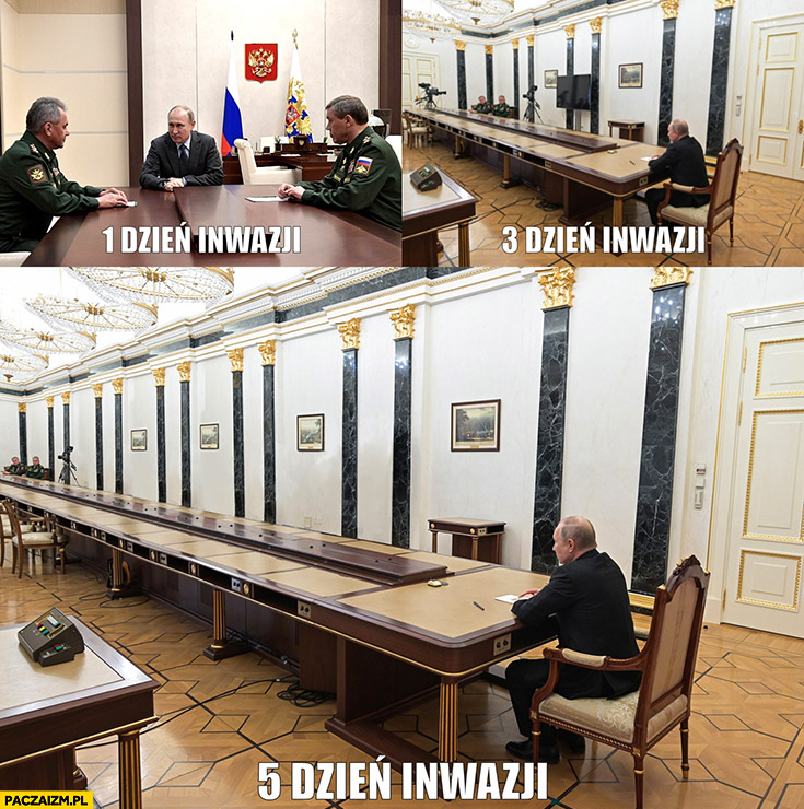 Putin konferencja spotkanie z generałami 1, 3, 5 dzień inwazji stół coraz dłuższy