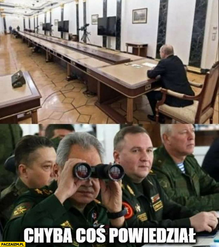 Putin przy długim stole generał patrzy przez lornetkę chyba coś powiedział