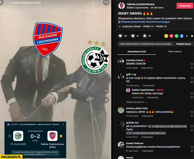 Raków Częstochowa mem z Braunem z gaśnicą mamy awans izraelska drużyna