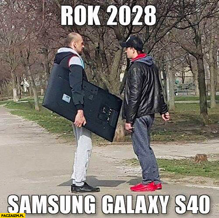 Rok 2028 Samsung Galaxy S40 trzyma wielki telefon pod pachą