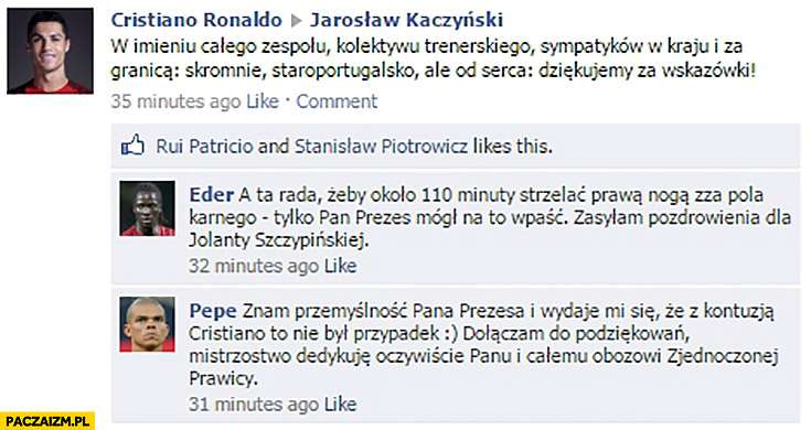 Ronaldo dziękuje Kaczyńskiemu na facebooku za wskazówki