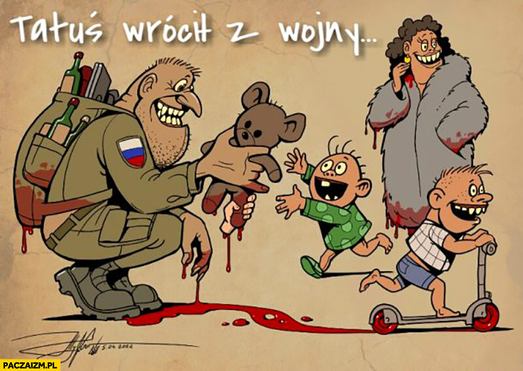 Rosyjski żołnierz tatuś wrócił z wojny skradzione łupy we krwi rysunek ilustracja