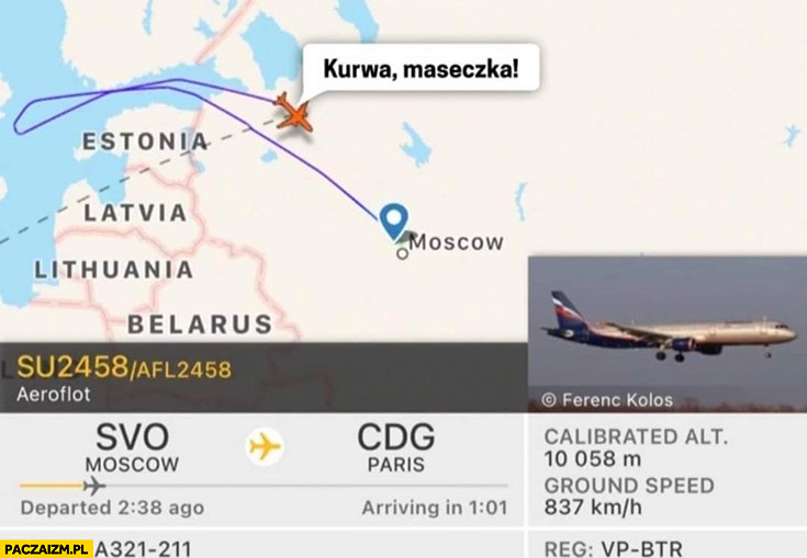 Samolot z Moskwy Rosji zawraca kurna maseczka