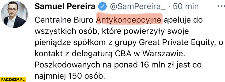 Samuel Pereira centralne biuro antykoncepcyjne apeluje twitter tweet