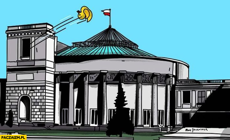Sejm kaczka Kaczyński wylatuje przez okno rysunek ilustracja
