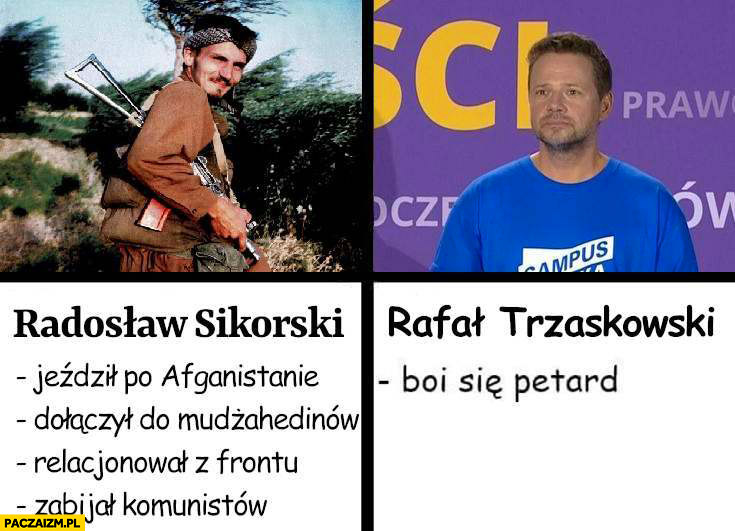 Sikorski jeździł po Afghanistanie relacjonował z frontu zabijał komunistów vs Trzaskowski boi się petard