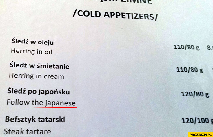 Śledź po japońsku follow the japanese tłumaczenie menu