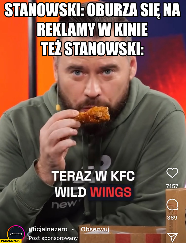 Stanowski oburza się na reklamy w kinie, też Stanowski reklamuje KFC