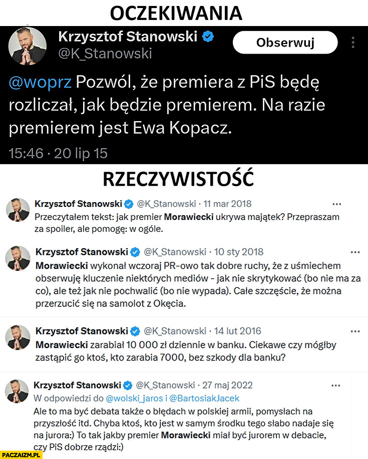 Stanowski oczekiwania pozwól, że premiera z PiS będę rozliczał jak będzie premierem vs rzeczywistość