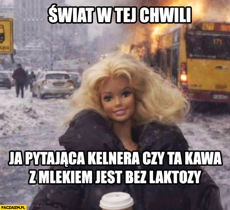 Świat w tej chwili vs ja pytająca kelnera czy ta kawa z mlekiem jest bez laktozy lalka barbie