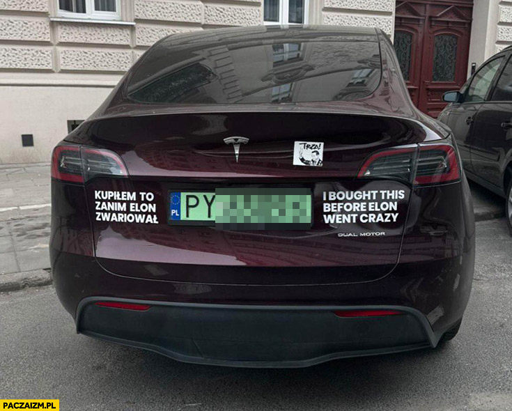 Tesla kupiłem to zanim Elon Musk zwariował napis naklejka