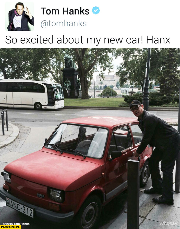 Tom Hanks z maluchem twitter „excited about my new car”