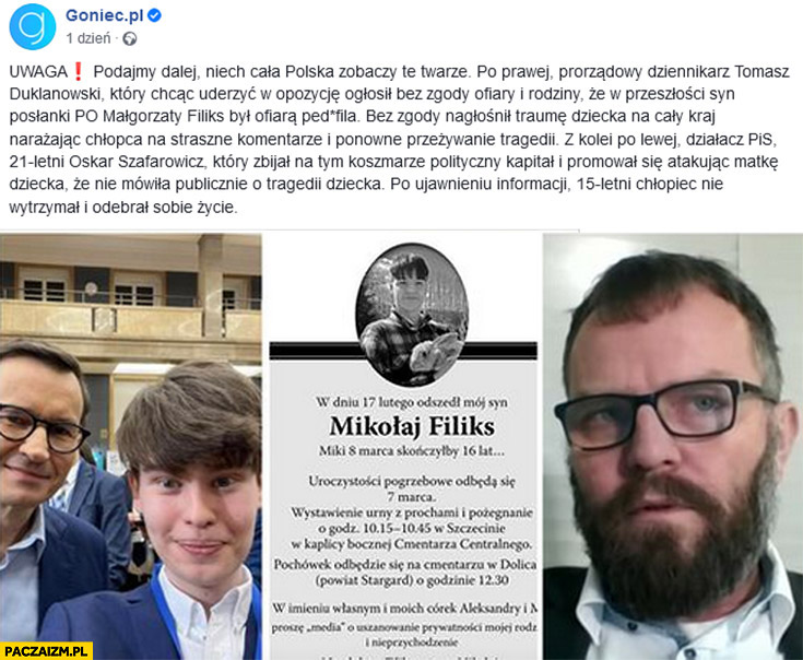 Tomasz Duklanowski ogłosił, że syn Małgorzaty Filiks był ofiarą pedofila Oskar Szafarowicz atakował jego matkę