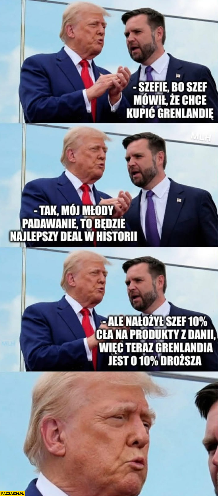 Trump Vance: szef mówił, że chce kupić Grenlandię, ale nałożył 10% procent cła na Danię wiec Grenlandia jest 10% procent droższa