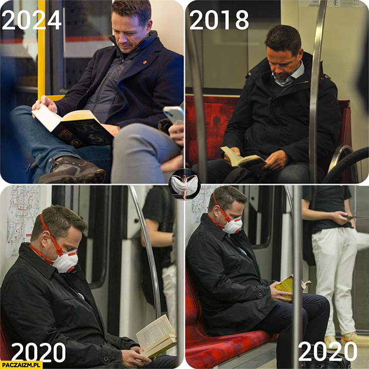Trzaskowski czyta książkę w metrze komunikacji miejskiej 2018, 2020, 2024