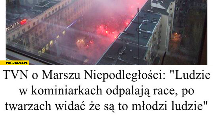 TVN o Marszu Niepodległości ludzie w kominiarkach odpalają race po twarzach widać że są to młodzi ludzie