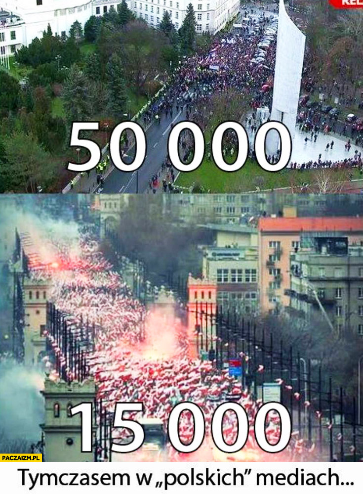 Tymczasem w „polskich” mediach: demonstracja KOD 50 tysięcy osób Marsz Niepodległości 15 tys osób porównanie fail