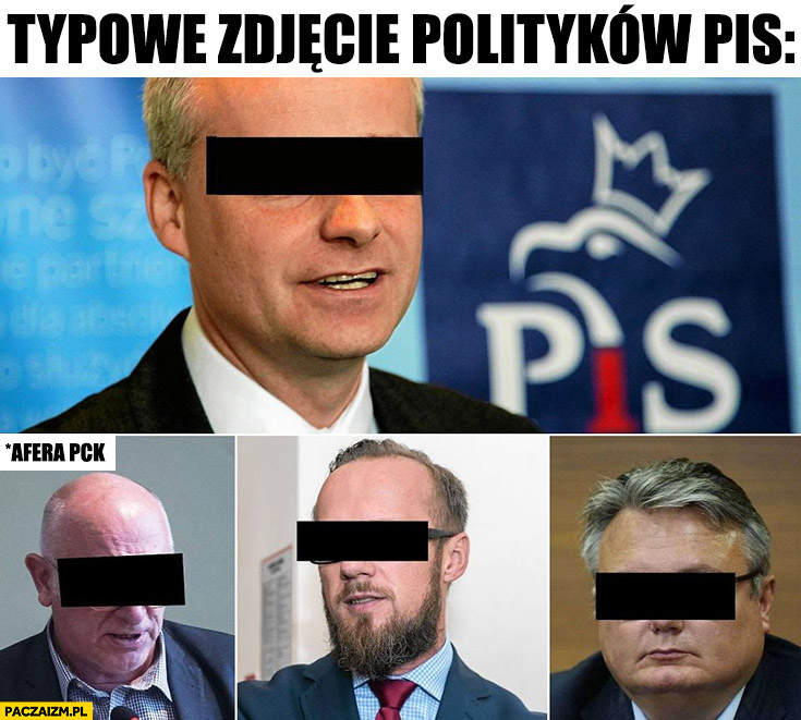Typowe zdjęcie polityków PiS z czarnymi paskami na oczach