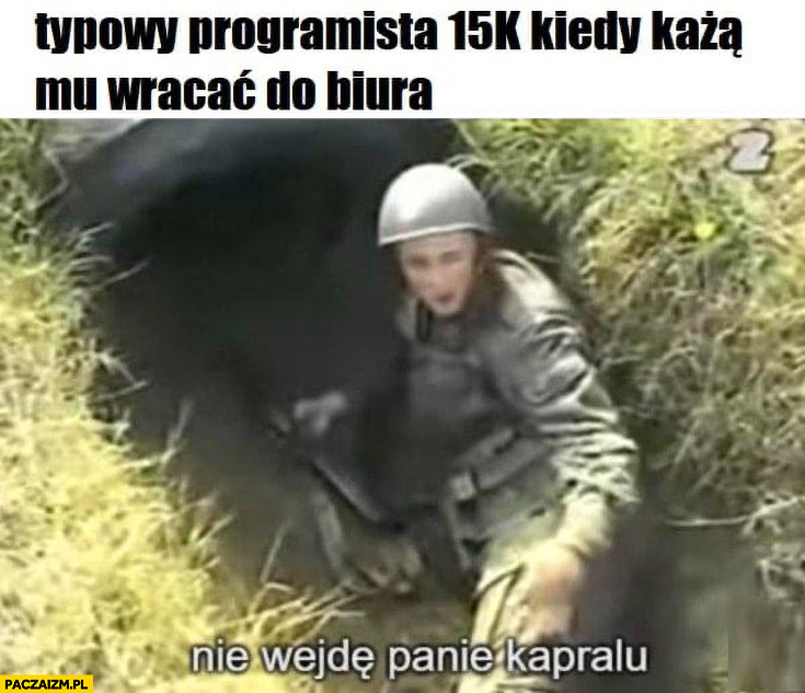 Typowy programista 15k kiedy każą mu wracać do biura nie wejdę panie kapralu