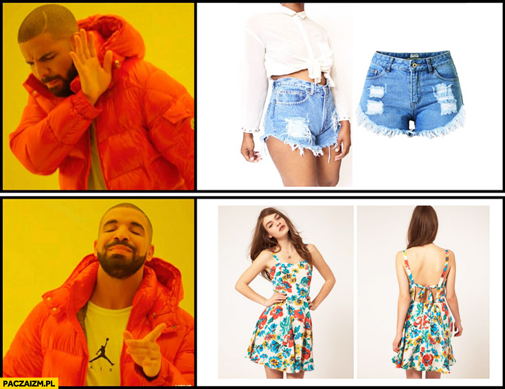 Ubiór kobiecy krótkie szorty – nie, sukienki – tak Drake