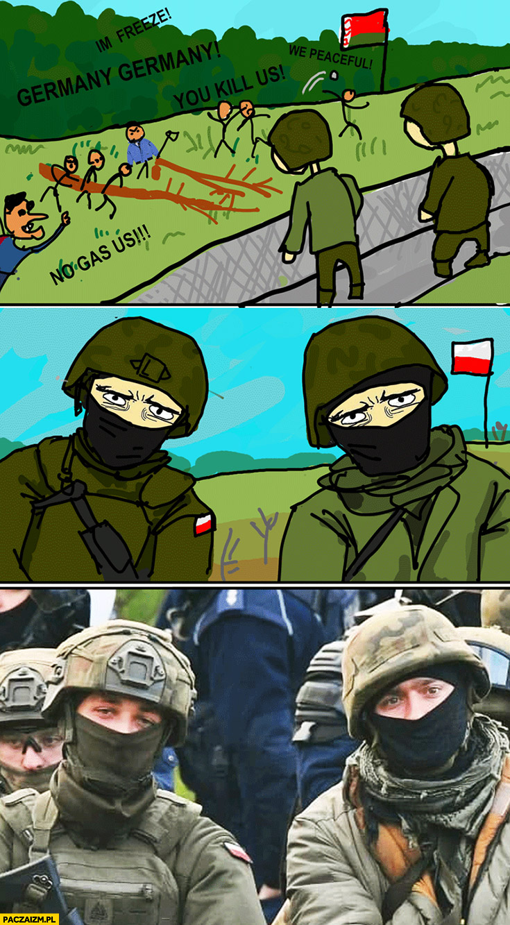 Uchodźcy imigranci na granicy z Białorusią żołnierze patrzą rysunek przeróbka