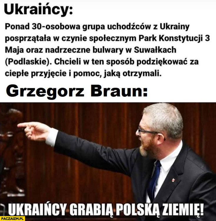 Ukraińcy sprzątają park, Grzegorz Braun: Ukraińcy grabią polską ziemię!