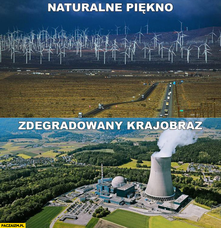 Wiatraki naturalne piękno, elektrownia węglowa zdegradowany krajobraz